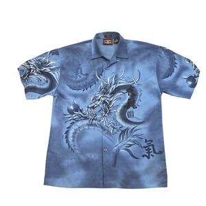 No Contest Mens Blue Dragon Graphic Short Sleeve Button Down Shirt Large Y2K
